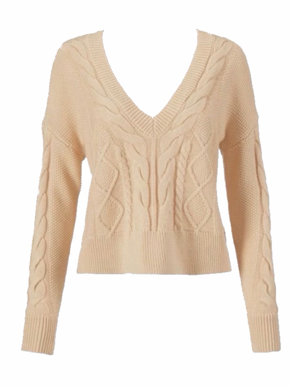 Cabi Cropped Pullover - V-Neck Cable Knit Sweater - Cream